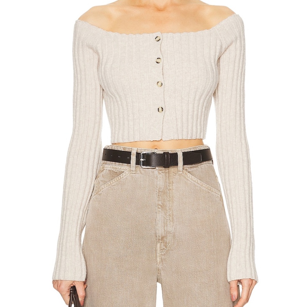NWOT Nanushka Creme Sidone Merino Wool Off Shoulder Ribbed Cardigan Top, Size S